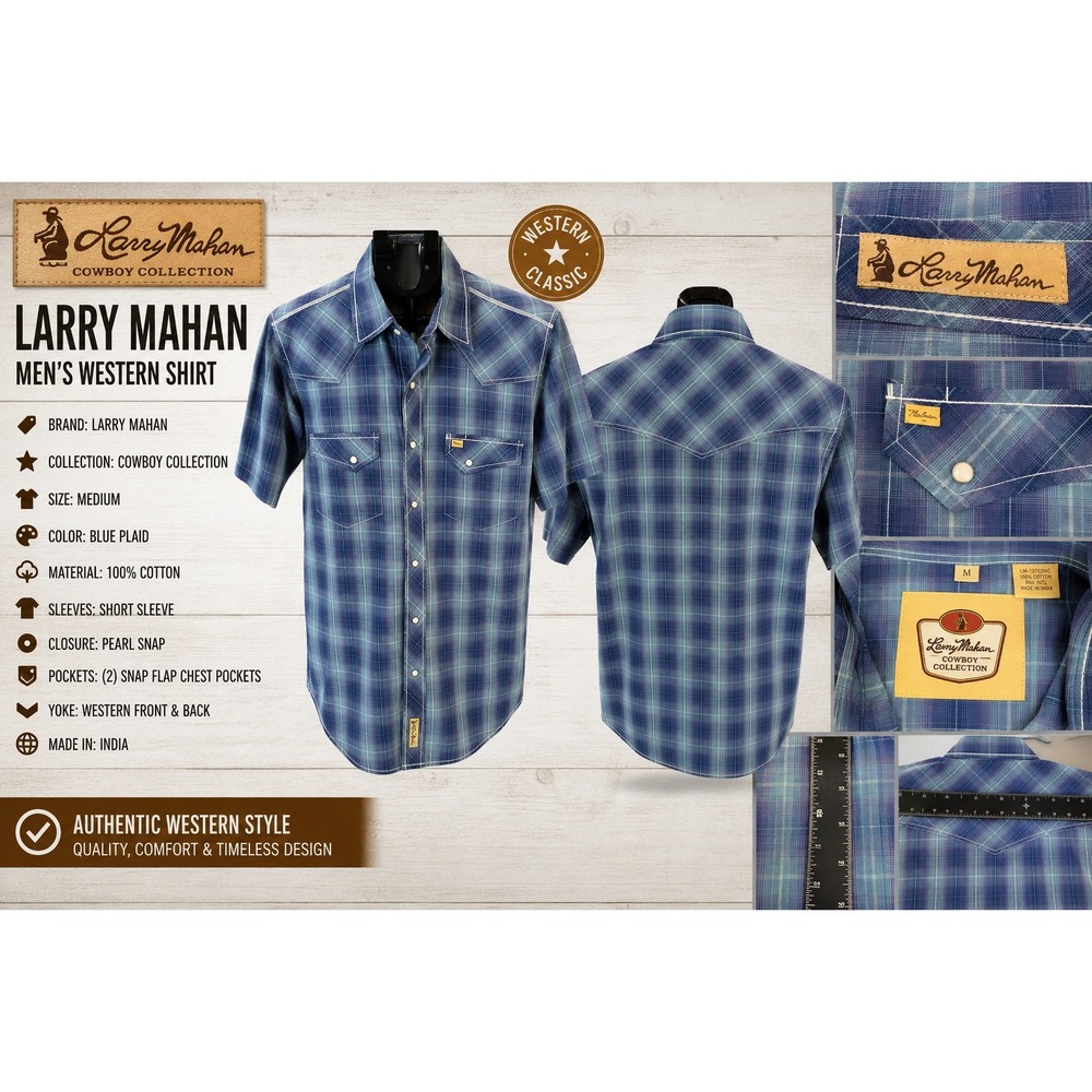 Larry‎ Mahan Mens Blue Plaid Pearl Snap Western Shirt Short Sleeve Medium Cotton